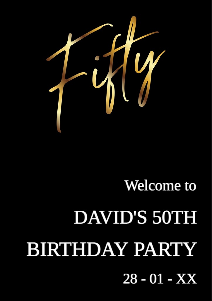 50th Birthday Welcome Board - Fifty Black & Gold