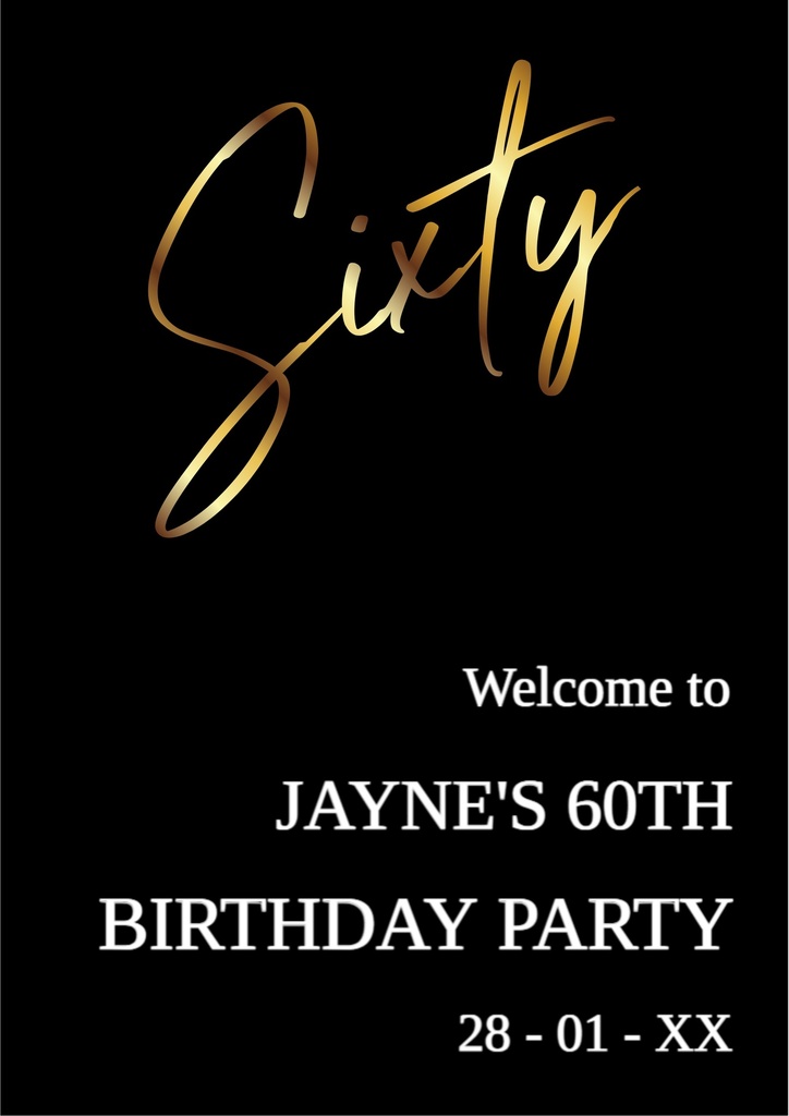 60th Birthday Welcome Board - Sixty Black & Gold