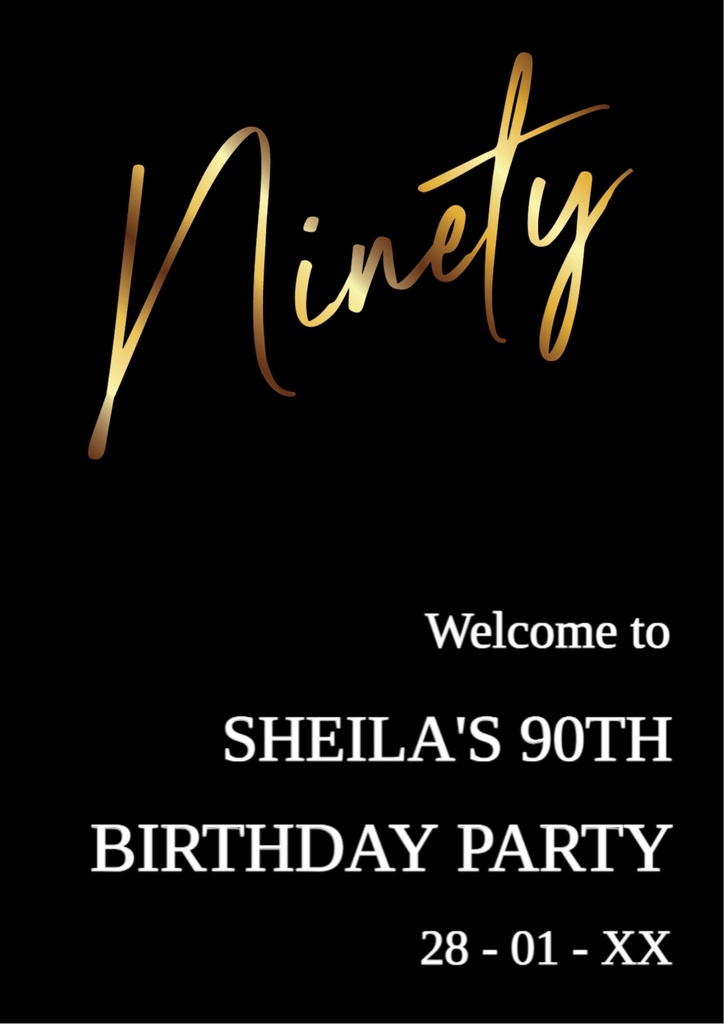 90th Birthday Welcome Board - Ninety Black & Gold