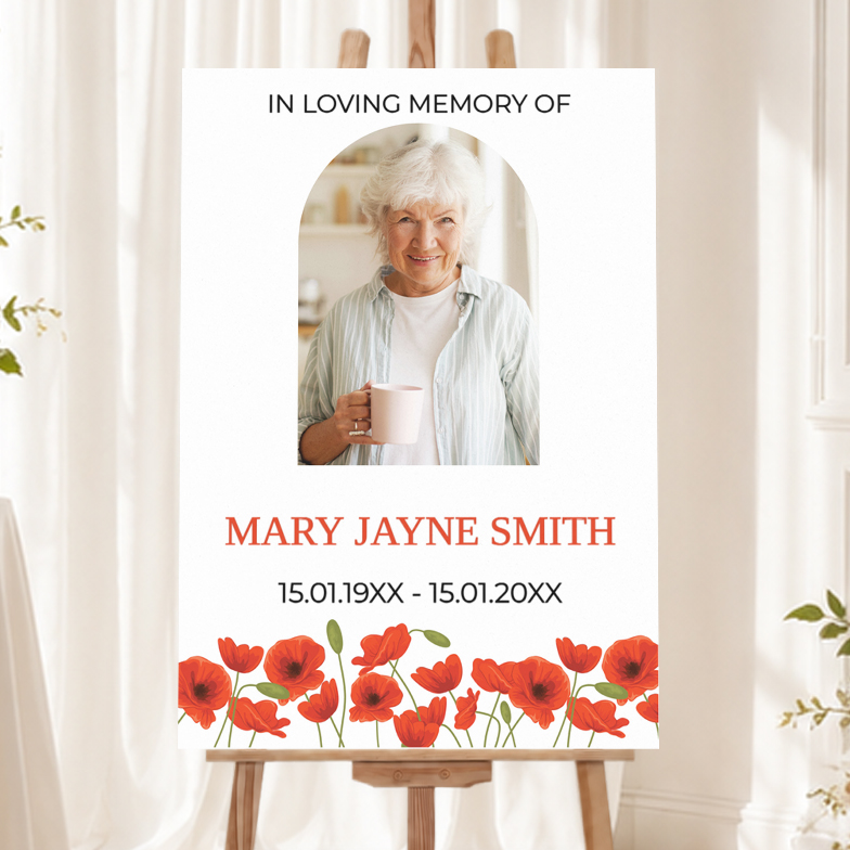 Personalised Funeral Welcome Sign with 1 Photo - In Loving Memory Poppy Memorial Board