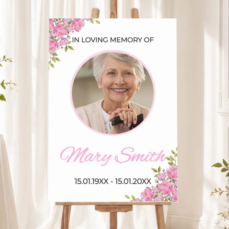 Memorial Welcome Board - Funeral Pink Floral Design - 1 Photo