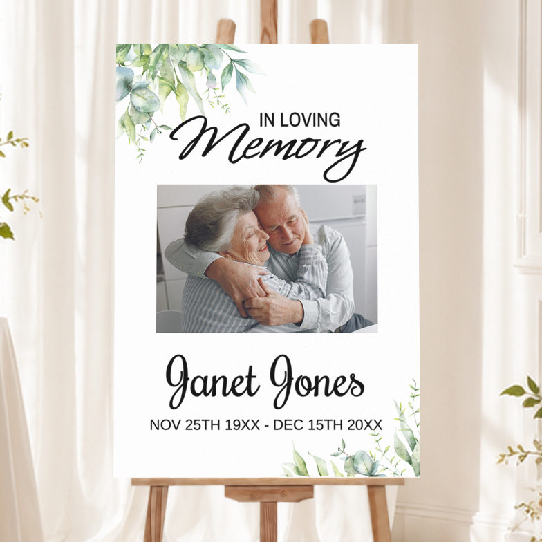 Memorial Welcome Board - Funeral Wake Green Leaves Design - 1 Photo