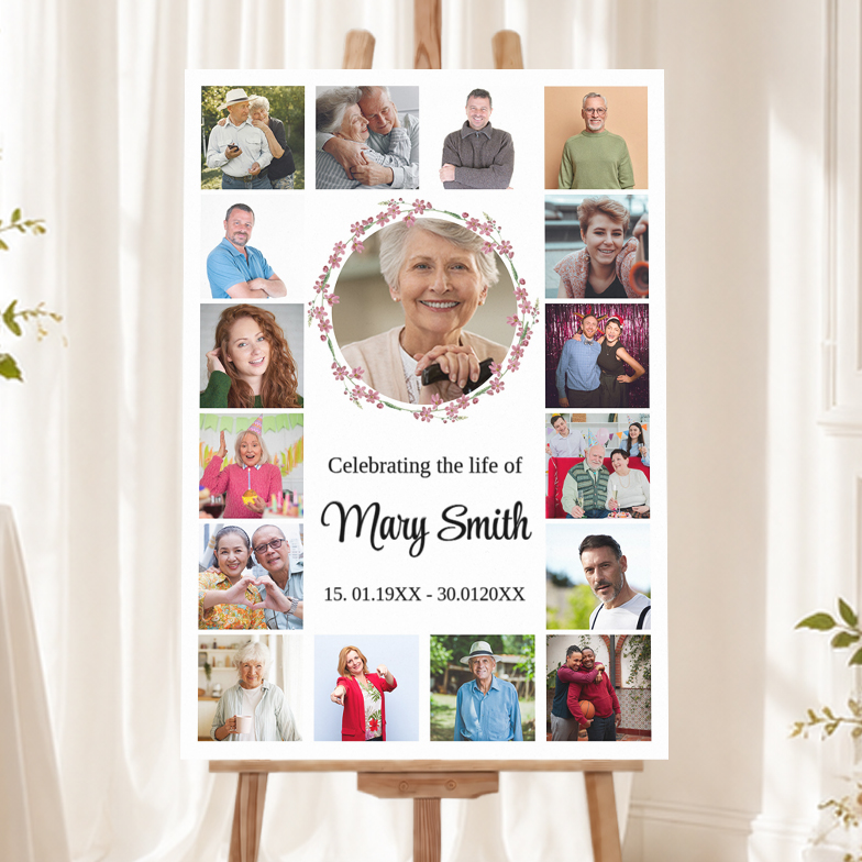 Personalised Funeral Welcome Sign with 17 Photos - Celebration of Life Memorial Board