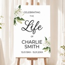 Personalised Funeral Welcome Sign - White Flower Celebration of Life Memorial Board