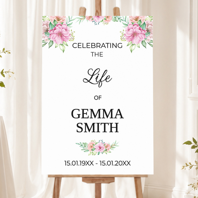 Memorial Welcome Board - Funeral Pink Flower Design