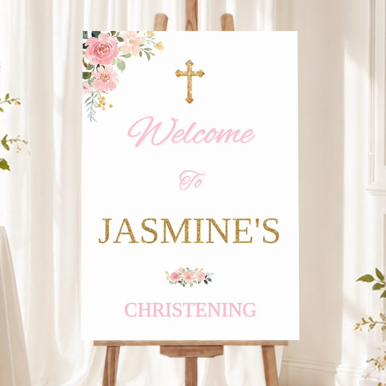 Personalised Christening Welcome Sign - Pink Flower & Cross Welcome Board