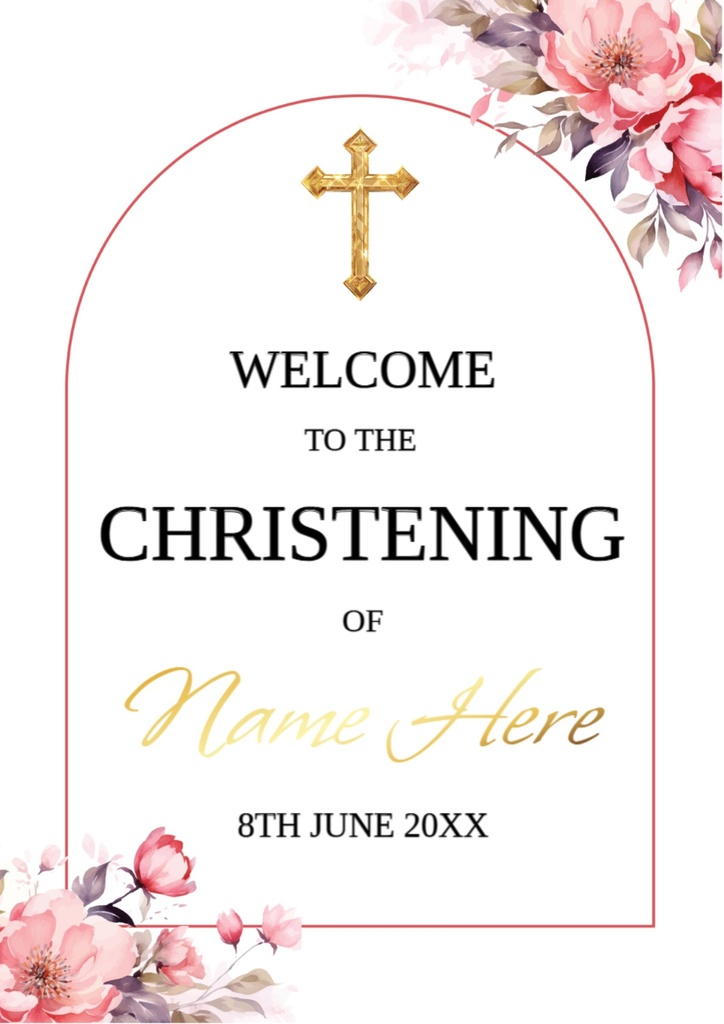 Christening Welcome Board - Pink Floral Cross Design