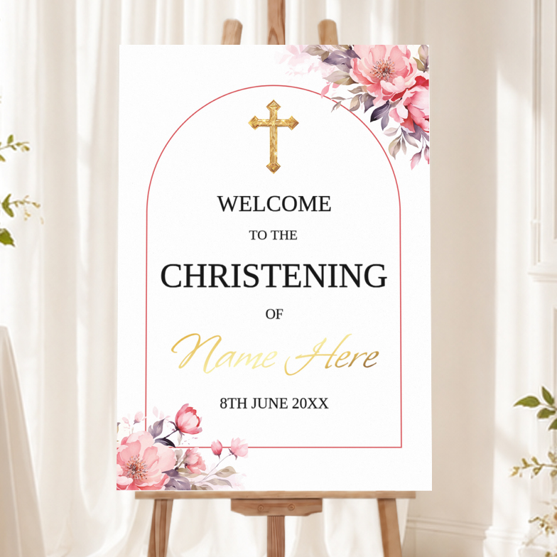 Personalised Christening Welcome Sign - Pink Floral Cross Welcome Board