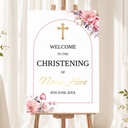 Personalised Christening Welcome Sign - Pink Floral Cross Welcome Board
