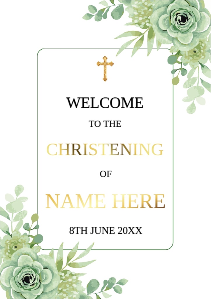 Christening Welcome Board - Green Floral Corner