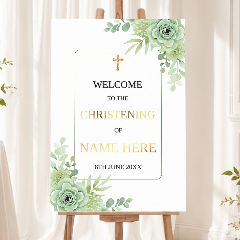 Personalised Christening Welcome Sign - Green Floral Corner Welcome Board