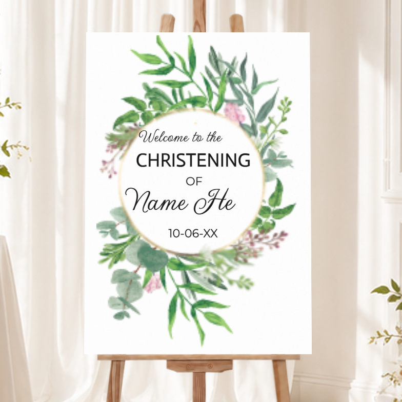 Personalised Christening Welcome Sign - Green Floral Circle Welcome Board
