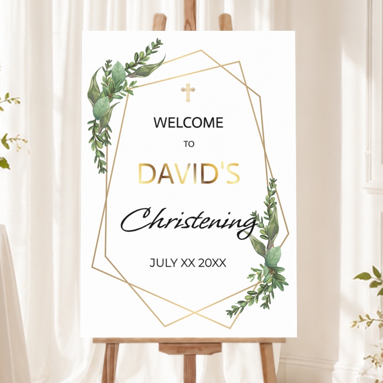 Personalised Christening Welcome Sign - Green & Gold Welcome Board