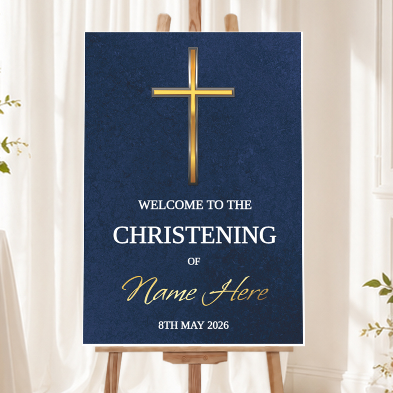 Personalised Christening Welcome Sign - Blue Cross Welcome Board