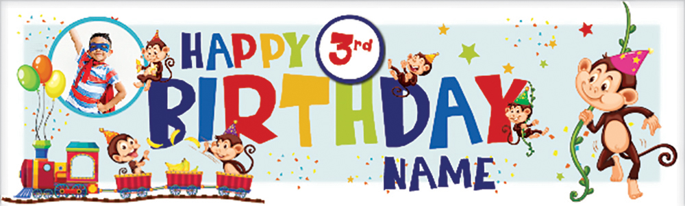 Personalised Happy 3rd Birthday Banner - Monkey Train - Custom Name & 1 Photo Upload