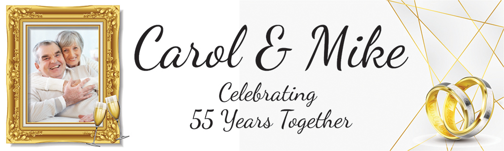 Personalised 55th Wedding Anniversary Banner - Gold Rings - Custom Name & 1 Photo Upload