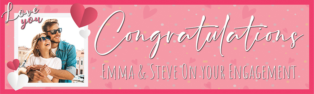 Personalised Engagement Party Banner - Pink Heart - Custom Name & 1 Photo Upload