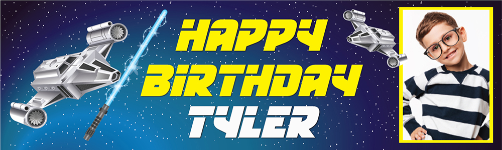 Personalised Happy Birthday Banner - Space Lightsaber - Custom Name & 1 Photo Upload