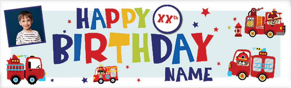Personalised Happy Birthday Banner - Fire Engine - Custom Name, AGE & 1 Photo Upload
