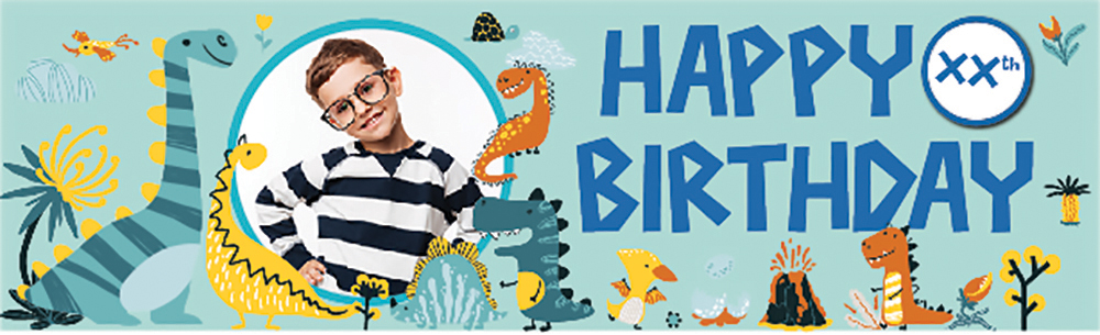 Personalised Happy Birthday Banner - Dinosaur Friends - Custom Age & 1 Photo Upload