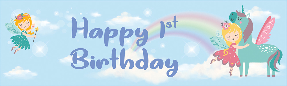 Happy 1st Birthday Banner - Blue Unicorn & Fairy