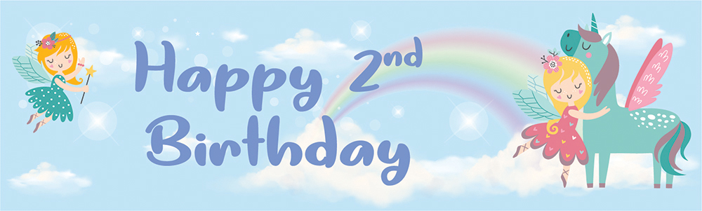Happy 2nd Birthday Banner - Blue Unicorn & Fairy