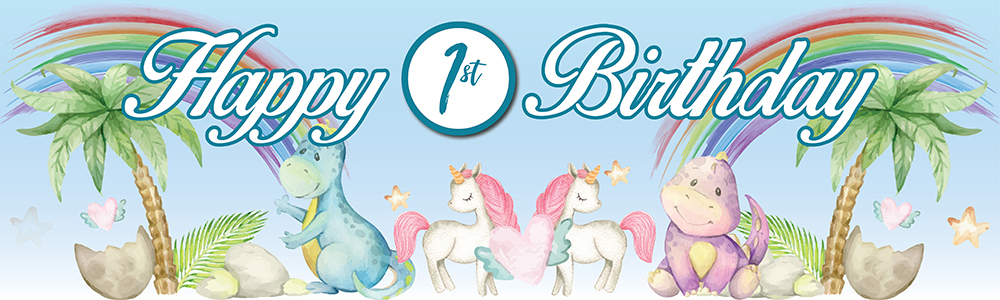 Happy 1st Birthday Banner - Cute Baby Dinosaurs & Unicorns