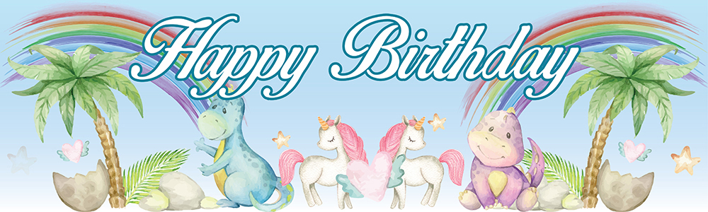 Happy Birthday Banner - Cute Baby Dinosaurs & Unicorns Fairytale