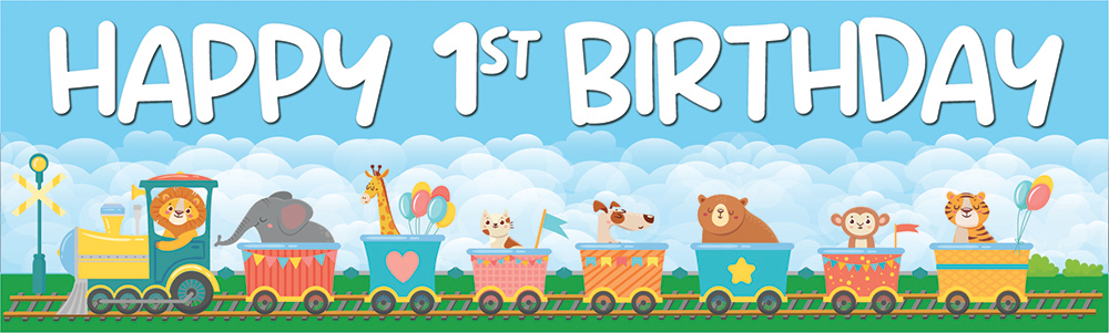 Happy 1st Birthday Banner - Lion Circus Train
