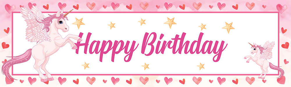 Happy Birthday Banner - Pink Hearts & Unicorn