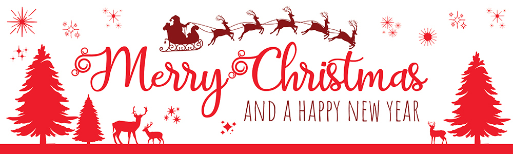 Merry Christmas Banner - Santa & Reindeer Red