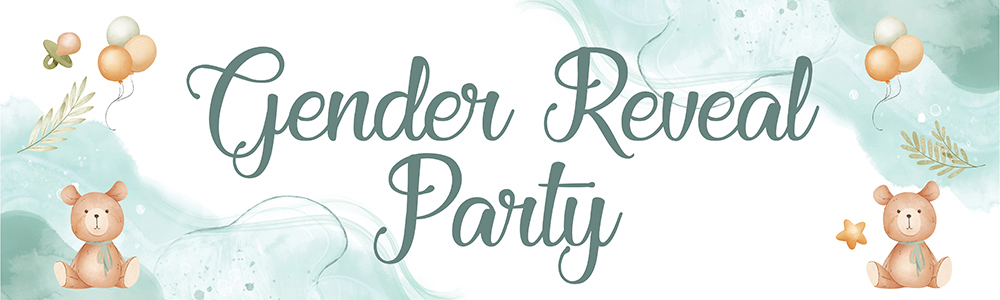 Gender Reveal Party Banner - Teddy Balloons Baby Boy Or Girl
