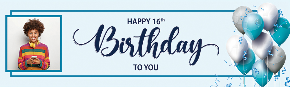 Personalised Happy 16th Birthday Banner - Blue White Balloons - 1 Photo Upload