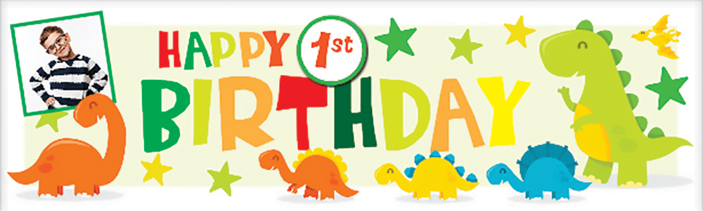 Personalised Happy 1st Birthday Banner - Cute Dinosaur - 1 Photo Upload