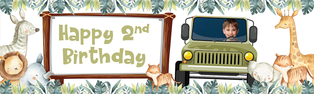Personalised Happy 2nd Birthday Banner - Jeep Safari Animals - 1 Photo Upload