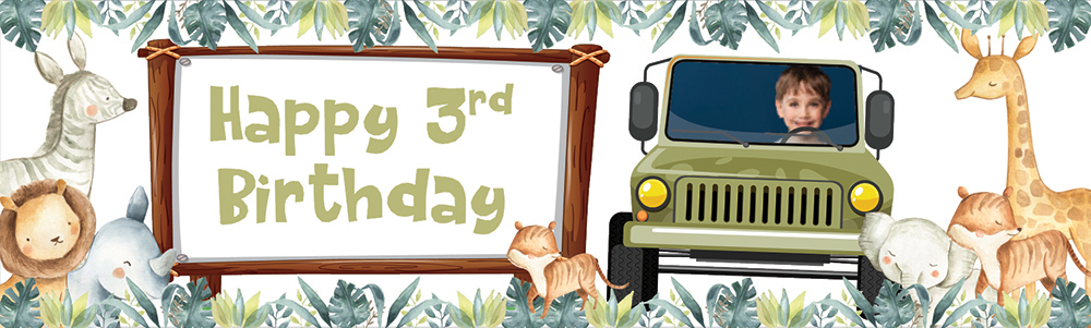 Personalised Happy 3rd Birthday Banner - Jeep Safari Animals - 1 Photo Upload