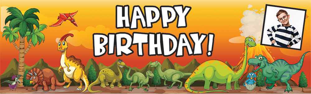 Personalised Happy Birthday Banner - Kids Dinosaur Party - 1 Photo Upload