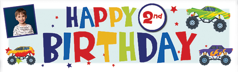 Personalised Happy 2nd Birthday Banner - Monster Truck - 1 Photo Upload