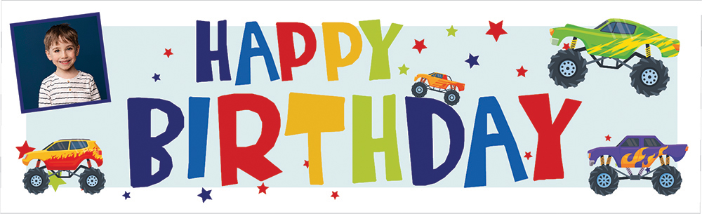 Personalised Happy Birthday Banner - Monster Trucks - 1 Photo Upload