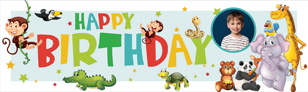 Personalised Happy Birthday Banner - Safari Animal Party Kids - 1 Photo Upload
