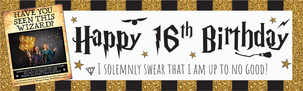 Personalised Happy 16th Birthday Banner - Wizard Design - 1 Photo Upload