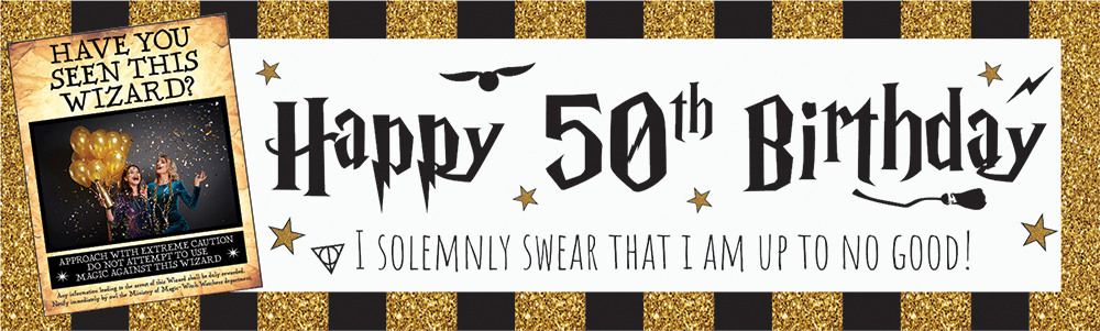 Personalised Happy 50th Birthday Banner - Wizard Design - 1 Photo Upload