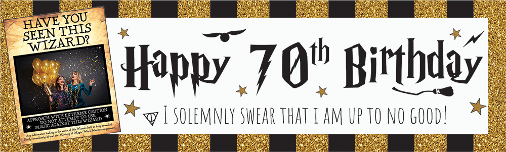 Personalised Happy 70th Birthday Banner - Wizard Design - 1 Photo Upload