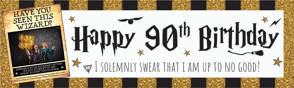 Personalised Happy 90th Birthday Banner - Wizard Design - 1 Photo Upload