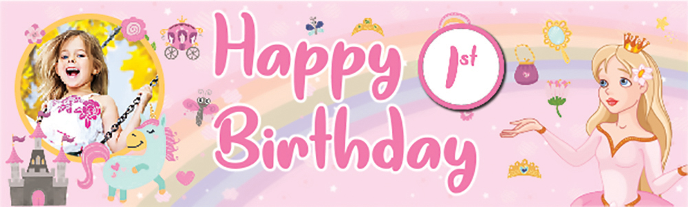 Happy 1st Birthday Banner - Pink Princess - 1 Photo Upload