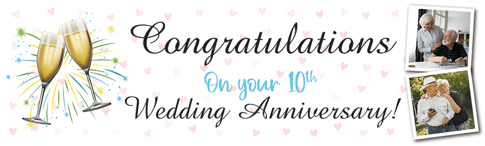 Personalised 10th Wedding Anniversary Banner - Champagne Design - 2 Photo Upload