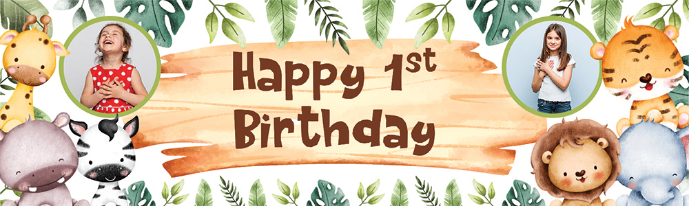 Personalised Happy 1st Birthday Banner - Baby Jungle Animals - 2 Photo Upload