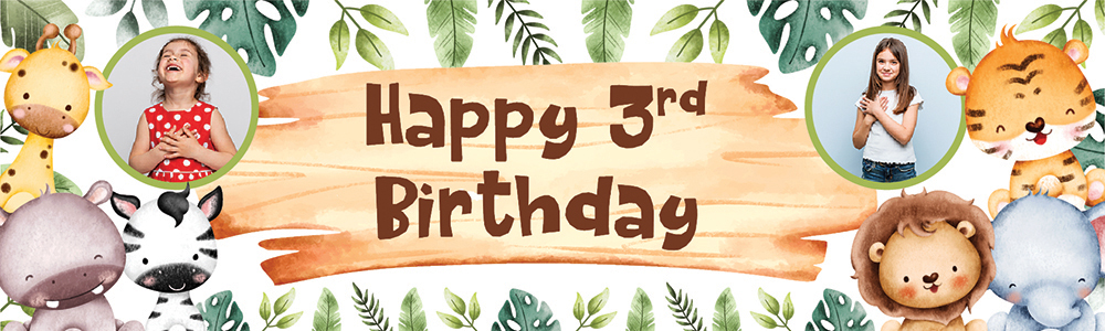 Personalised Happy 3rd Birthday Banner - Baby Jungle Animals - 2 Photo Upload