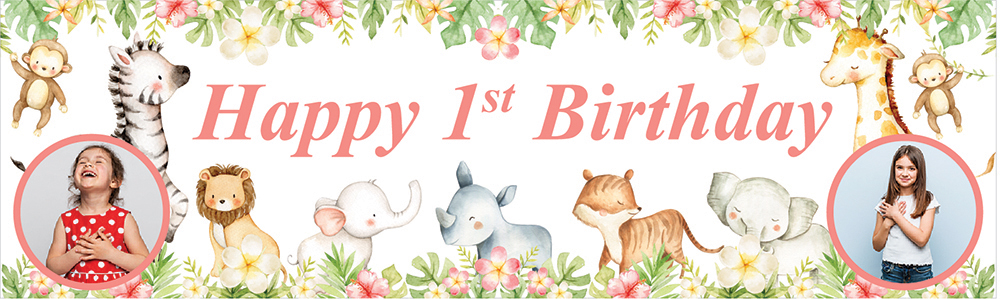 Personalised Happy 1st Birthday Banner - Baby Safari Animals - 2 Photo Upload
