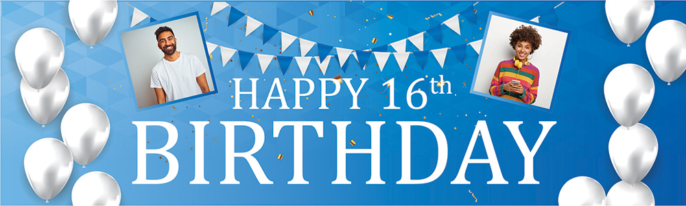 Personalised Happy 16th Birthday Banner - Blue & White - 2 Photo Upload